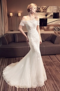 Robe de mariée Épaule Dégagée Manche Courte Naturel taille Traîne Courte