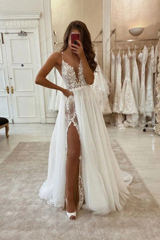 Robe de mariée Norme Col en V Thigh-High Slit aligne Fermeture éclair