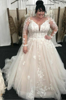 Robe de mariée Manche Longue Col en V Foncé Col Bateau Appliquer Cérémonial