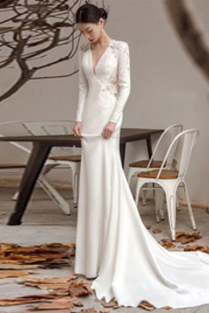 Robe de mariée Manche Longue Col en V Foncé Gazer Satin Longue Romantique