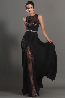 Robe de Bal Thigh-High Slit Glamour Chiffon Sans Manches Ouverture Frontale