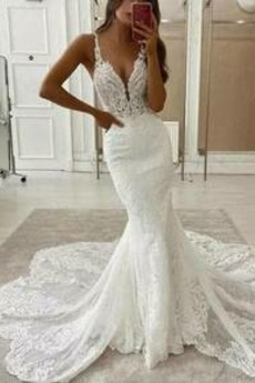 Robe de mariée Longue Sans Manches Couvert de Dentelle Naturel taille