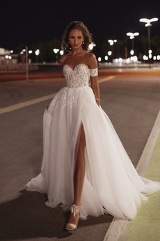 Robe de mariée Tulle Printemps Train de petit Épaule Dégagée Appliques