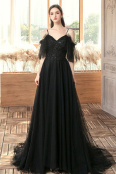 Robe de Soirée Perle Manche Lâche Manche Courte Norme Epurée Tulle