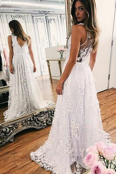 Robe de mariée Longue Sans Manches Été Naturel taille Appliques Col en V Foncé