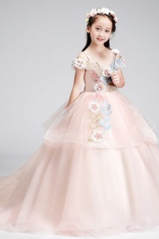 Robe Cortège Fille Tulle Épaule Dégagée Formelle Couvert de Dentelle