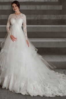 Robe de mariée Empire Manche Longue Couvert de Dentelle Tulle Col ras du Cou