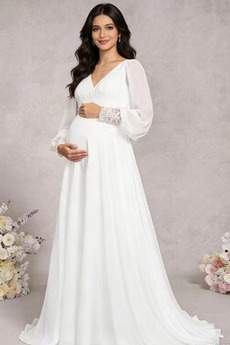 Robe de mariée Manche Longue Train de balayage Chiffon Col en V taille haute
