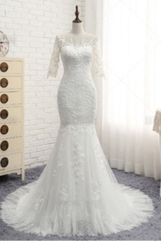 Robe de mariée Manche Aérienne Zip Mince Elégant Tulle Longue