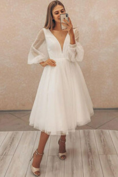 Robe de mariée Manche Longue Col en V Manquant Plage A-ligne Été