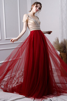 Robe de Bal Perle Sans Manches Mancheron A-ligne Tulle Col en V