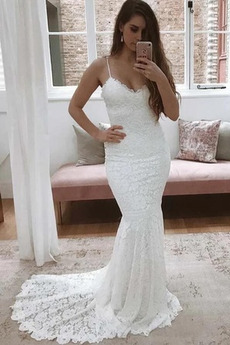 Robe de mariée Dentelle Bretelles Spaghetti Elégant Train de balayage