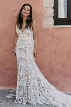 Robe de mariée Fourreau Poire Jardin Sexy Traîne Moyenne Col en V Foncé