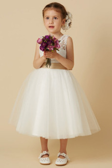 Robe Cortège Fille Tulle Orné de Nœud à Boucle Trou De Serrure A-ligne