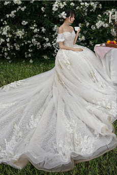 Robe de mariée Froid Lacez vers le haut Tulle Cérémonial Manche Courte