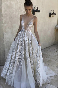 Robe de mariée Plage Sans Manches Dentelle A-ligne Décolleté Dans le Dos