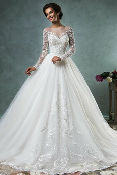 Robe de mariée Traîne Mi-longue Modeste Manche Longue Manche Aérienne