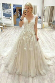 Robe de mariée Traîne Courte Dos nu Plage Sans Manches Epurée Tulle