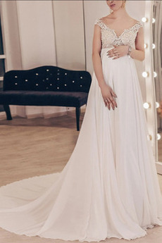 Robe de mariée Gaze taille haut Col en V Été Mousseline de soie Perle