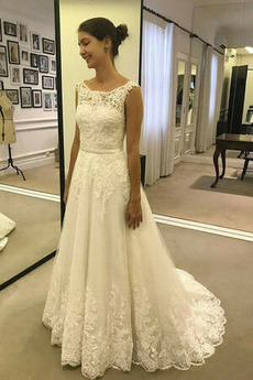 Robe de mariée Formelle aligne Sans Manches Tissu Dentelle Longue