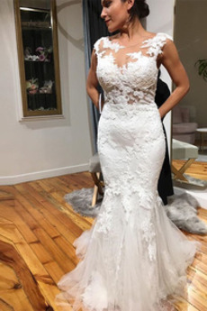 Robe de mariée Dos nu vogue Traîne Courte Sans Manches Col ras du Cou