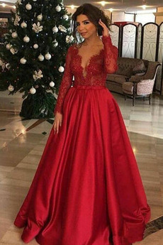 Robe de Soirée Manche Aérienne Satin Longueur au sol Col en V Formelle