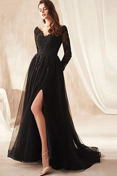 Robe de Soirée Longue A-ligne Manche Longue Appliques Tulle Formelle