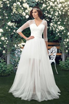 Robe de mariée Plage Manche Aérienne Manquant Col en V Zip Traîne Panneau