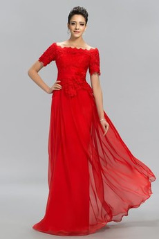 Robe de Soirée Col Bateau Naturel taille Couvert de Dentelle Manche Courte