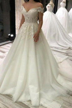 Robe de mariée Tulle Appliquer Été Traîne Courte Décolleté Dans le Dos