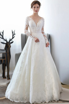 Robe de mariée Col en V Froid Salle A-ligne Gazer Dentelle