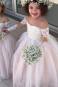 Robe Cortège Fille Tulle noble Épaule Dégagée Manche Longue Appliques