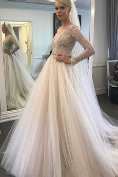 Robe de mariée aligne Désirable Perle Couvert de Dentelle Traîne Courte