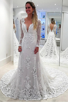 Robe de mariée Manche Longue Naturel taille Col en V Manche Aérienne