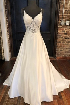 Robe de mariée Dos nu A-ligne Bouton De plein air Norme Col en V Foncé