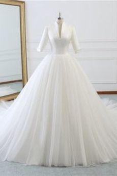 Robe de mariée Traîne Longue Zip Col en V Epurée Col en V Foncé