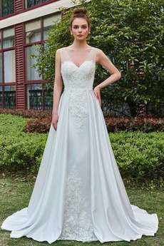 Robe de mariée Gaze Appliques a ligne Col en V Elégant Automne