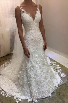 Robe de mariée Pittoresque Col en V Foncé Tissu Dentelle Été Longue