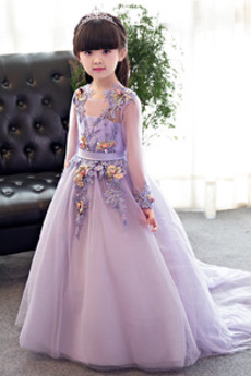 Robe Cortège Fille Tulle Formelle Appliques Manche Aérienne Train de petit