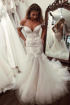 Robe de mariée Appliquer Mancheron Col en V Foncé Hiver Train de balayage