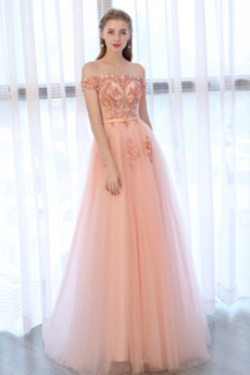 Robe de Soirée Perle noble A-ligne Manche Courte Tulle Été