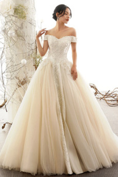 Robe de mariée Tulle Longue Épaule Dégagée Dentelle A-ligne Elégant