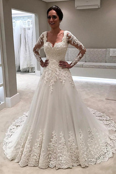 Robe de mariée Manche Longue Col en V Foncé Zip A-ligne Petites Tailles