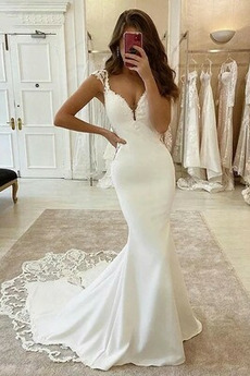 Robe de mariée Dos nu Train de balayage Elégant Appliques Sirène Satin