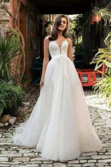 Robe de mariée aligne Traîne Courte Sans Manches Naturel taille Appliquer