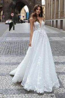 Robe de mariée Col en V Foncé De plein air Longue Tissu Dentelle Décolleté Dans le Dos