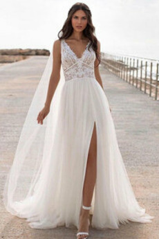 Robe de mariée Tulle Col en V Naturel taille Col en V Foncé Sans Manches