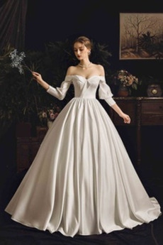 Robe de mariée Traîne Mi-longue Bouton Fourreau plissé Épaule Dégagée