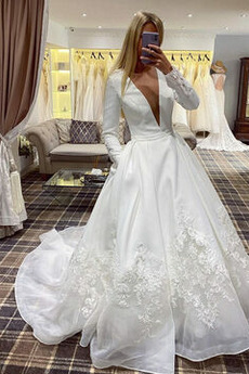 Robe de mariée Longue Manche Longue Satin Appliques Salle Cérémonial