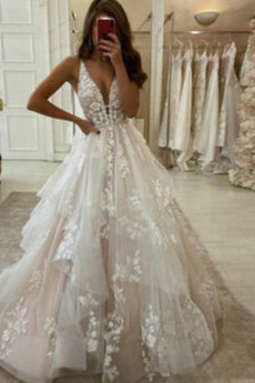 Robe de mariée Tulle Automne Col en V Foncé Naturel taille Poire Décolleté Dans le Dos